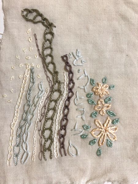 Margaret’s sample piece using chain stitches at the hand embroidery class. 