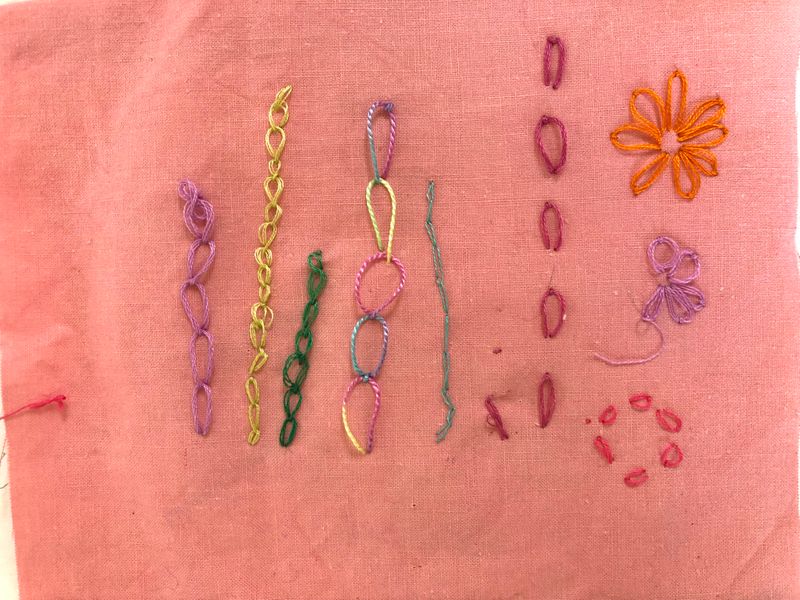 Chain stitches made by Maddie at the hand embroidery class