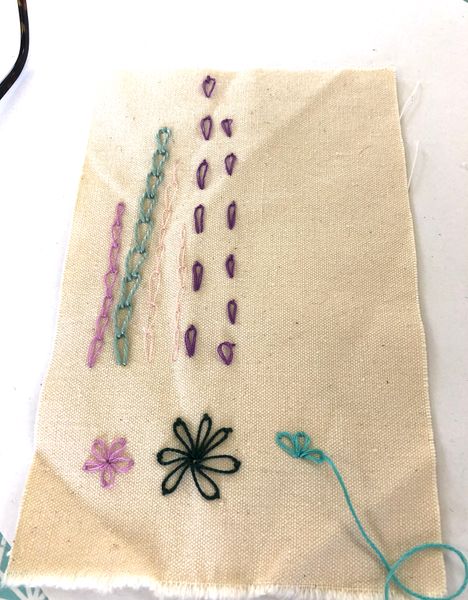 Experimenting with chain stitches at the hand embroidery class.