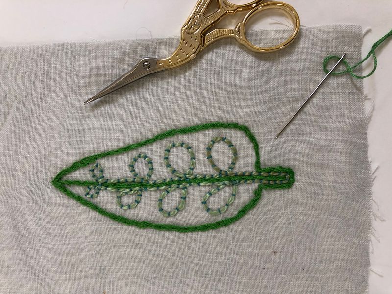 Couching sample at the hand embroidery class 
