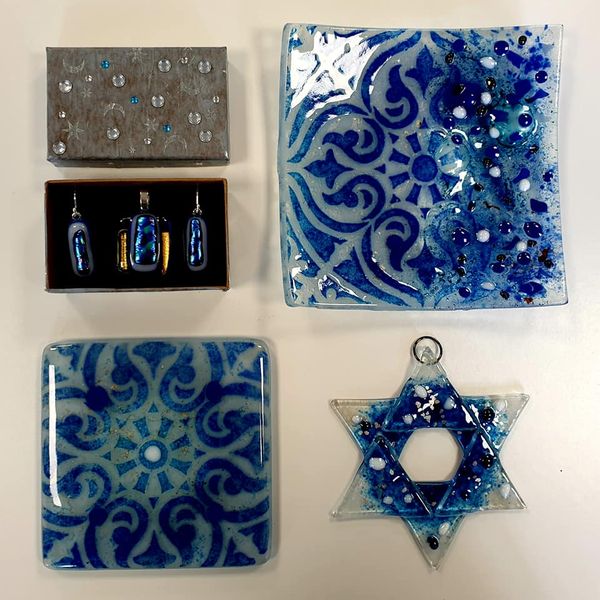 A beautiful blue set of Fused Glass work, made at Crafts in the Valley.