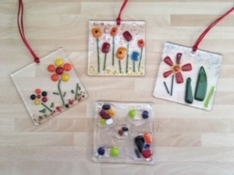 Flower pictures and a coaster various glass types used March 2019