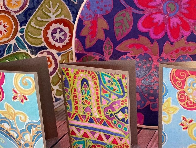 Batik designs on paper can be used to create greetings cards.