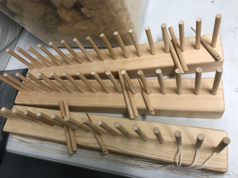 460mm pine Peg Loom, hardwood dowel pegs, warp threader - all hand made with love in the New Forest. 