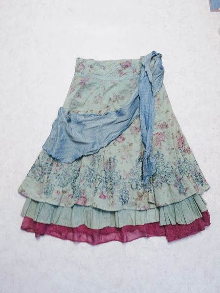 Upcycled tiered skirt, made from old dress, ties and silk remnants