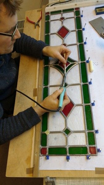 A leaded stained glass window being made on a weekly stained glass course in Kent