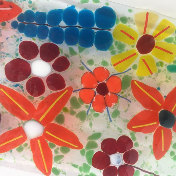 Fused Glass Floral panel made at Rainbow Glass Studios on the beginners day course