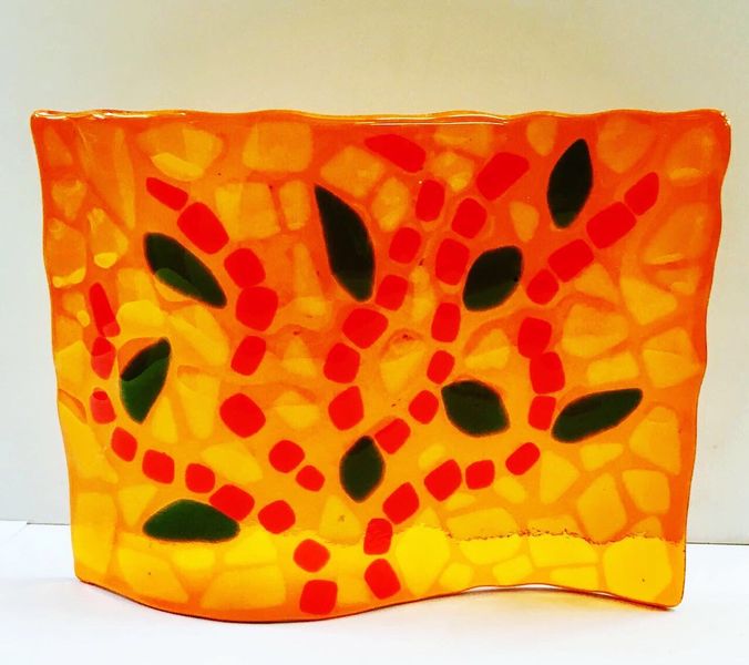 Fused glass tree of fire panel made at Rainbow Glass Studios N16 0JL on the day course for beginners