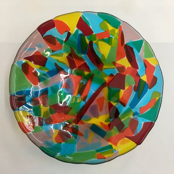 Fused Glass Mardi Gras bowl made at Rainbow Glass Studios N16 0JL on the beginners day course