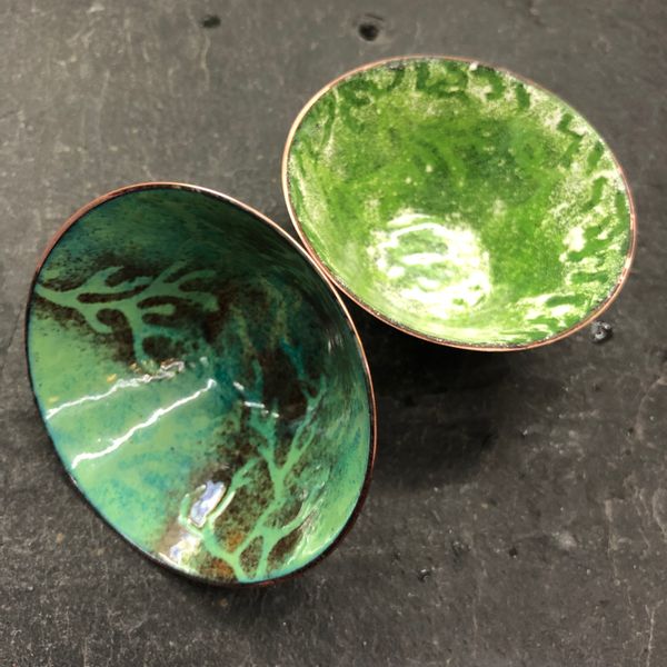 Enamel on copper bowls, all the lovely greens! 