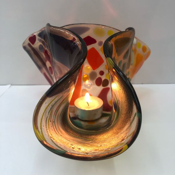 Fused Glass Floral slump candle holder made at Rainbow Glass Studios on the beginners day course