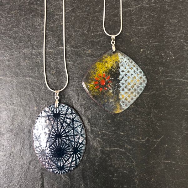 Two enamelled pendants from our beginners day course, ready to wear home by 4.30pm result! 