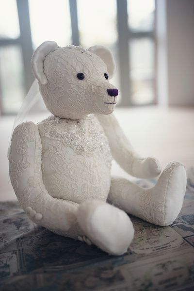 Medium memory bear made from a wedding dress