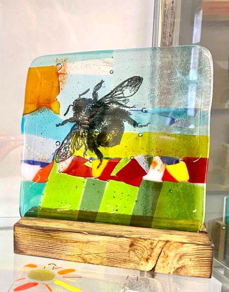 Silkscreen and glass fused bumble bee
