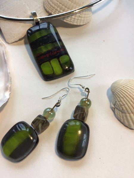 Green & black earings & pendant created using coloured sheet glass.