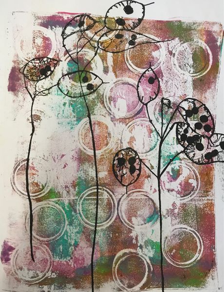 Using rubber bands and textured layers with honesty mono line print layered on top