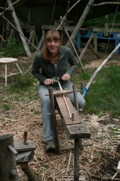 Shaping spindles on a shave horse during the chair making course at Greenwood Days