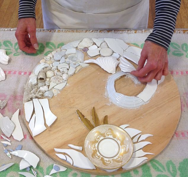 Students work in progress - made using re-cycled china, shells, stones and clay pipes.