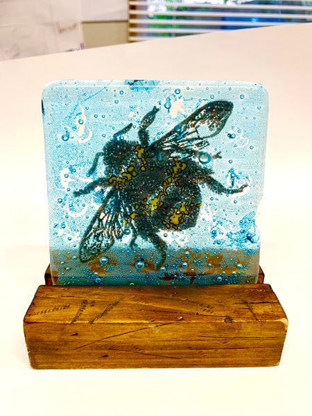 Silkscreen printed bumble bee on fused glass