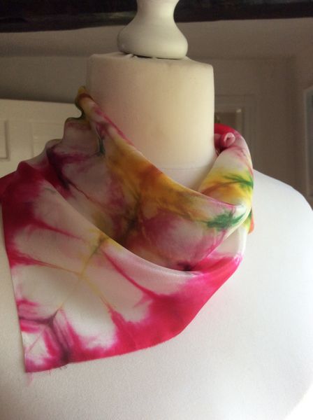 Great square scarf, vibrant professional silk dyes.