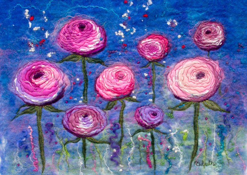 Ranunculus - hand felted pure merino wool & silk with free machine embroidery & hand stitching
