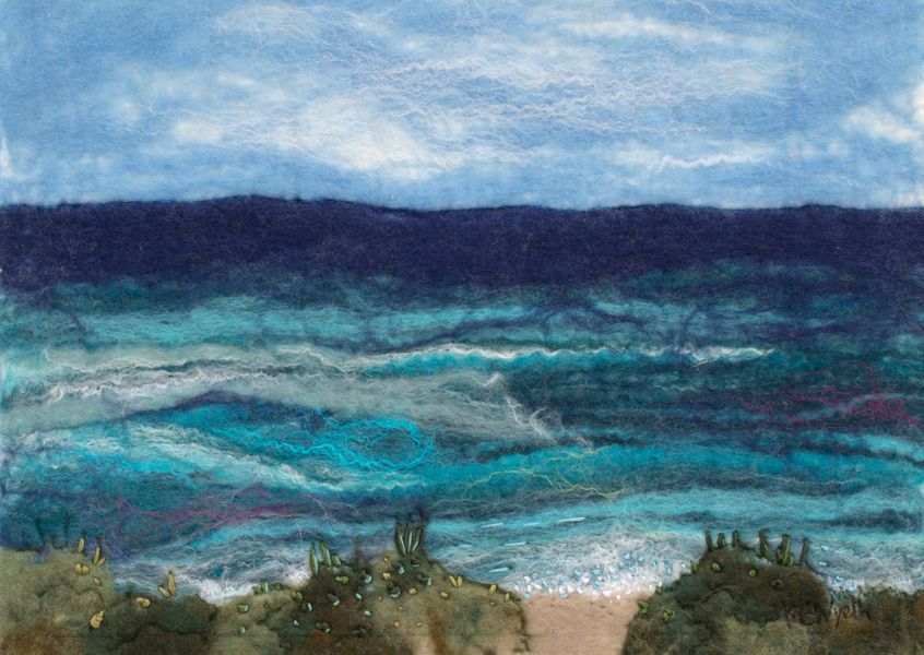 Deep Ocean Blue  - hand felted pure merino wool & silk with free machine embroidery & hand stitching