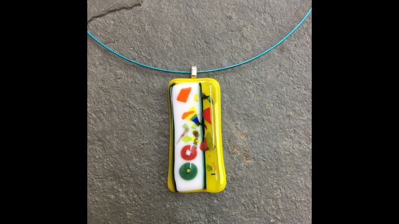 Glass media combine in this colourful carnival of a pendant at Rainbow Glass Studios London N16 0JL