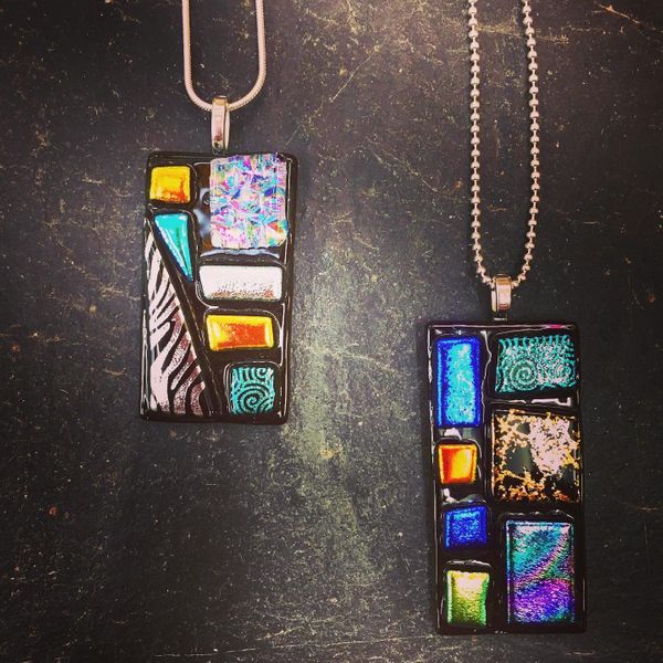 Fused "stained glass" pendants with dichroic glass made on the beginners day course at Rainbow Glass Studios N16 0JL