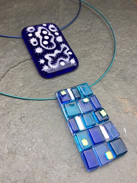 Beautiful blues in fused glass jewellery, lots of new techniques to learn at Rainbow Glass Studios