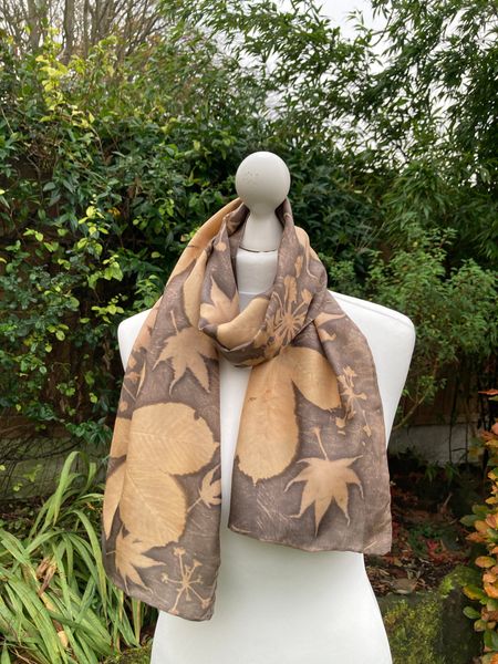 Peace silk scarf printed with fennel, acer and horse chestnut, dyed with black tea [tannin] and iron