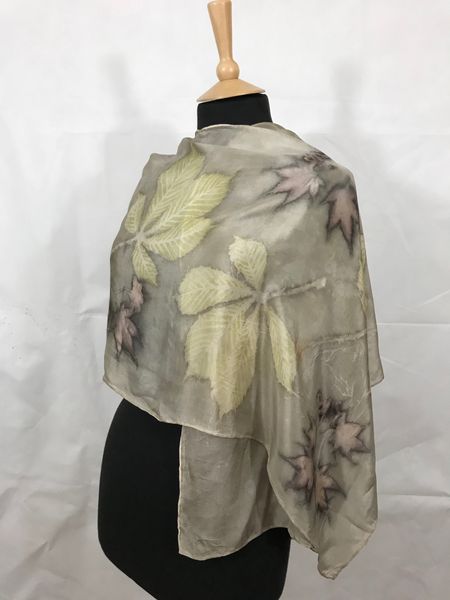 Peace silk scarf printed with horse chestnut &amp; acer, with light pomegranate dye and iron