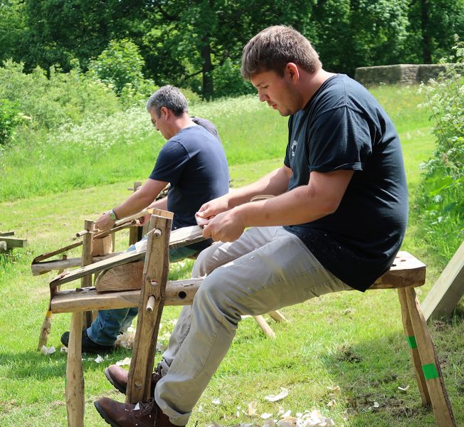 Using traditional shave horses and drawknives