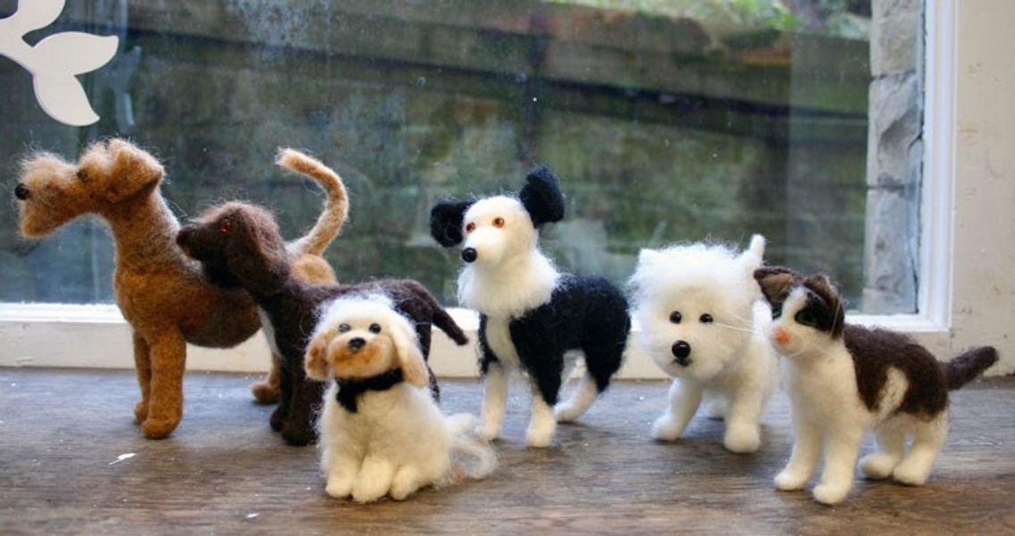 Needle Felted dogs and cats made by students