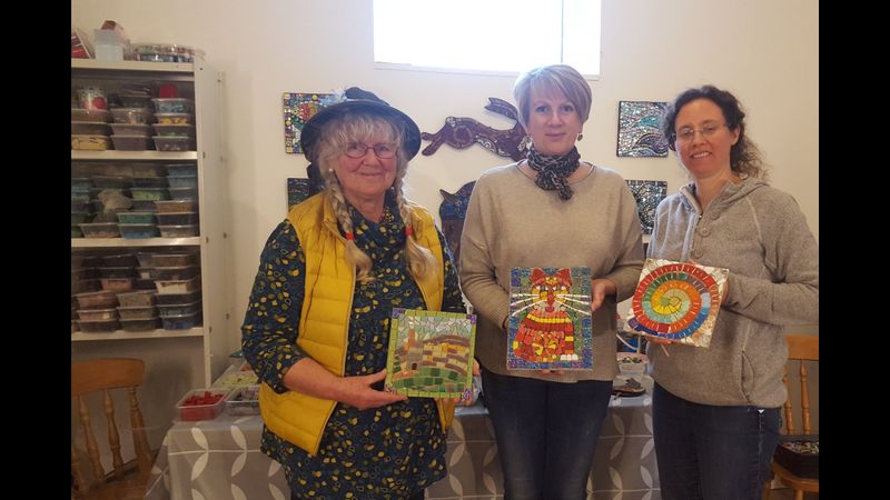 Happy students at the end of their beginners mosaic workshop at my studio in Holsworthy