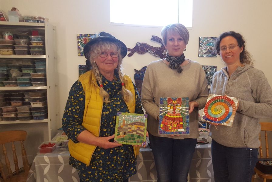 Happy students at the end of their beginners mosaic workshop at my studio in Holsworthy