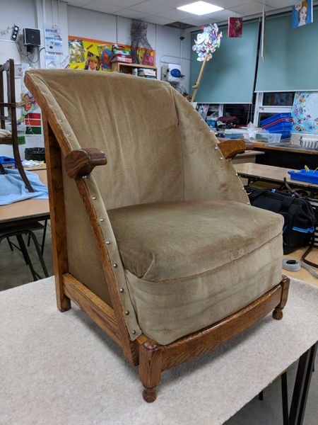 1930s sprung unit chair before being stripped, cleaned & traditionally re-upholstered