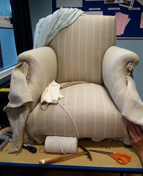 Edwardian armchair being re-upholstered on upholstery course Romsey and Ringwood Hampshire