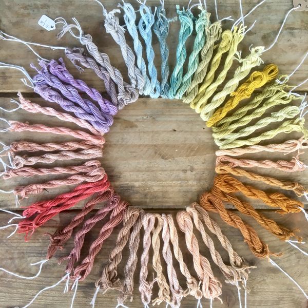 A colour wheel of naturally dyed yarn