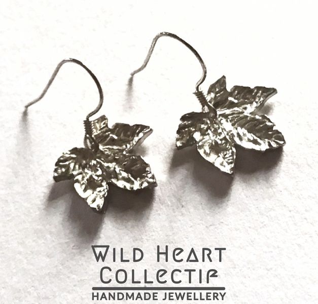 Solid Silver leaf earrings from jewellery making course Pembroke, Pembrokeshire, South Wales