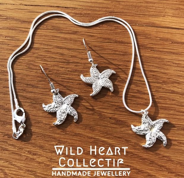 Solid Silver starfish necklace pendant and earrings from jewellery making course Pembroke