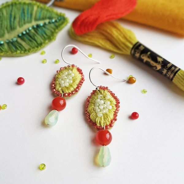Hand embroidered earrings, workshop with Judith Brown in Staffordshire