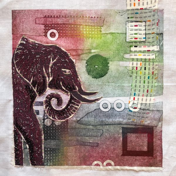 Stitched collagraph and linoprint