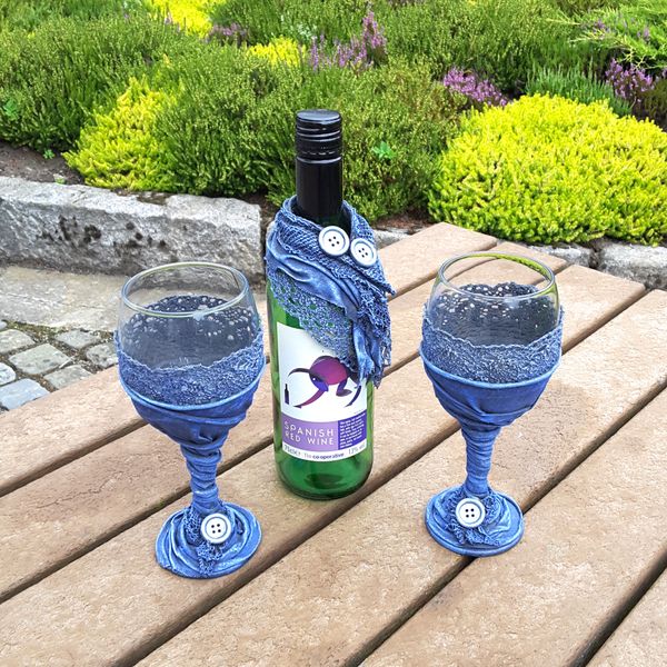 Matching Goblet and Bottle Collar Set by Curiously Contrary - Blue