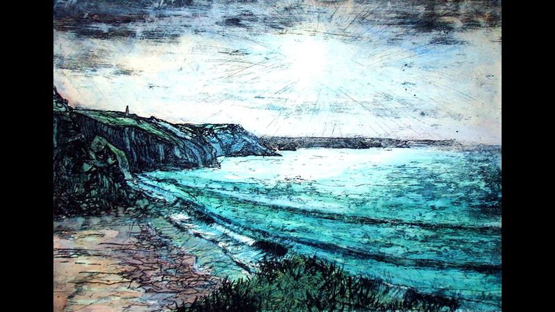An Example of a mixed media etching - looking towards St Ives - by Oliver West