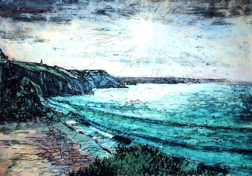 An Example of a mixed media etching - looking towards St Ives - by Oliver West