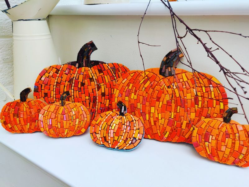 Indoor and outdoor mosaic pumpkins