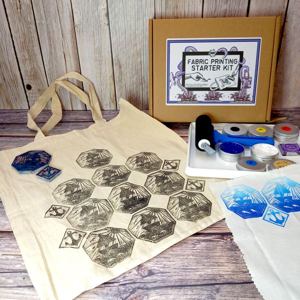 Fabric printing kit showing the supplied cotton tote bag with some sample printing