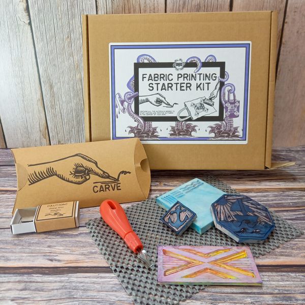 Fabric printing kit with one of my lino carvings as an example - you do your own!