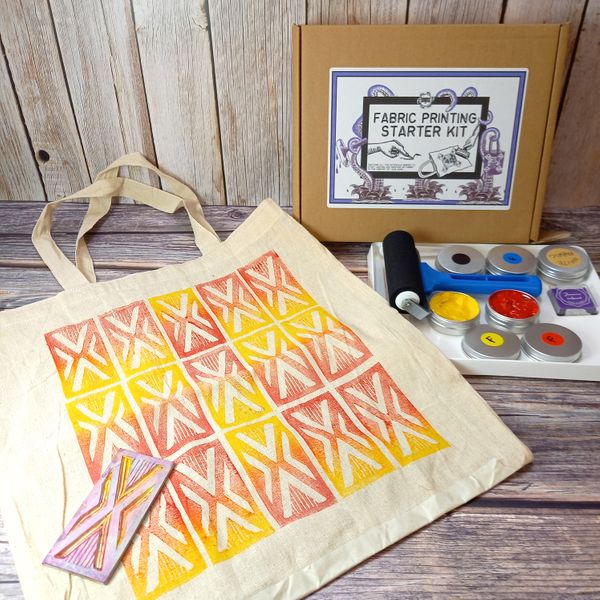 Fabric printing kit in use - another sample print on the cotton tote bag.  The kit comes with an unprinted bag
