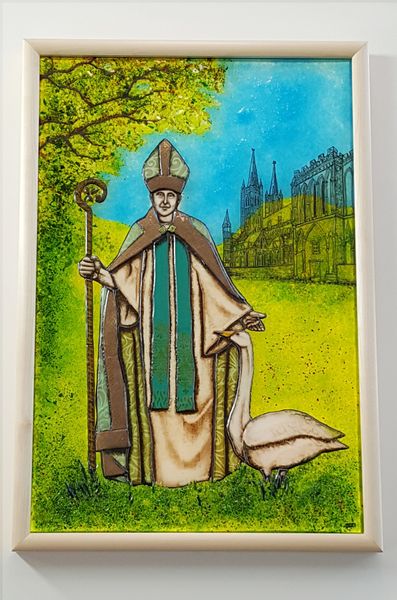 St Hugh Of Lincoln.  Fused and hand painted panel.  Installed 2018 - Holy Cross Hospital, Haslemere,